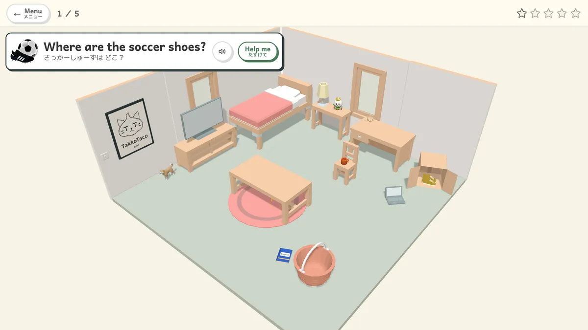 Where Is It? screenshot: a 3D bedroom and a question card